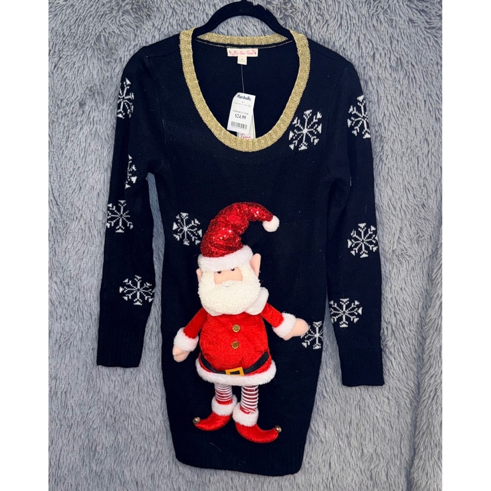 Its Our Time Womens M Ugly Christmas Sweater Dress Santa Snowflake Long Sleeve
